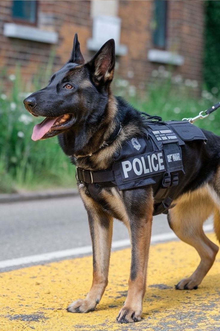 Police working dog with service-focused handling setup.